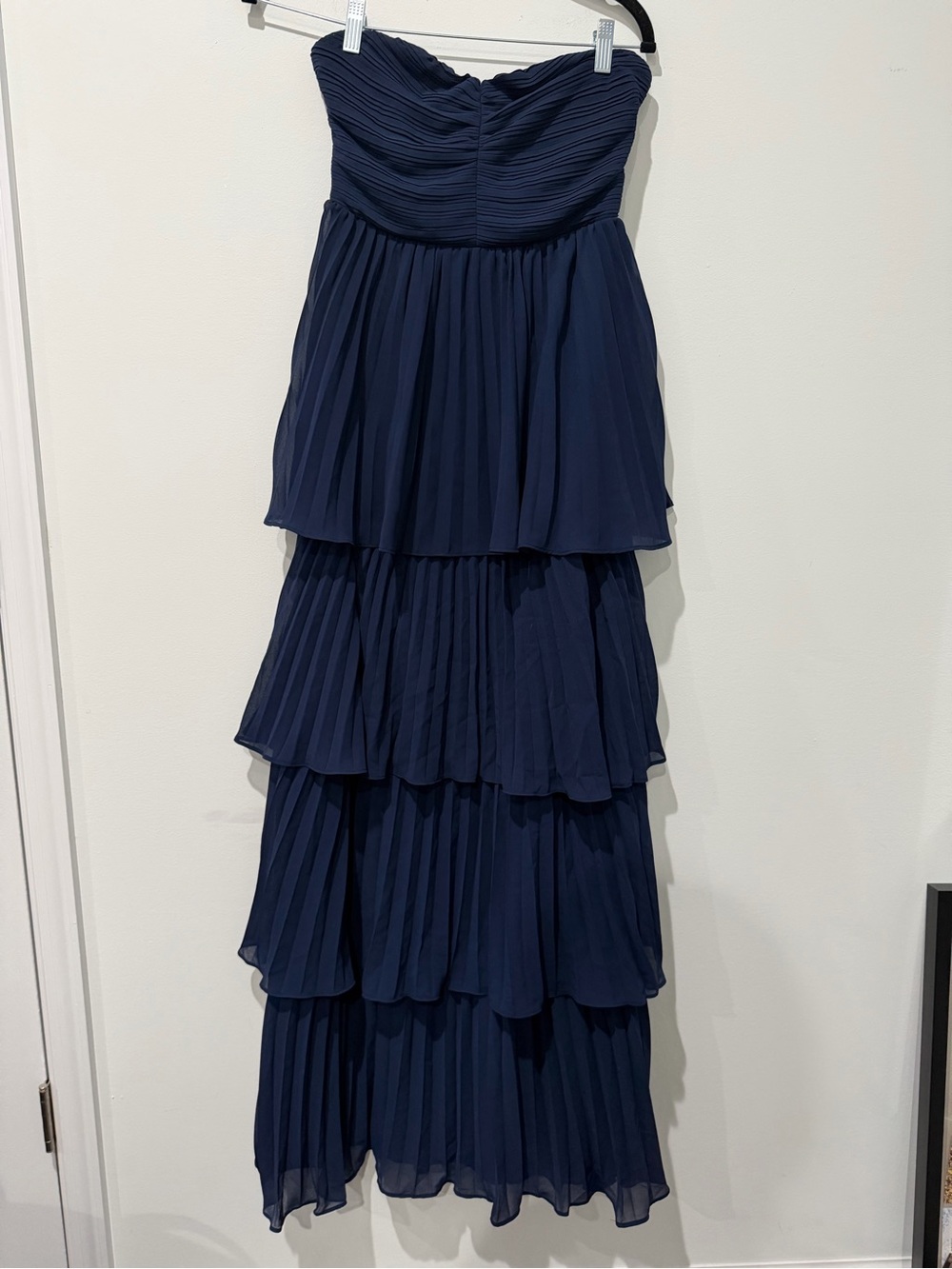 Lulu's Strapless Navy Tiered Pleated Gown